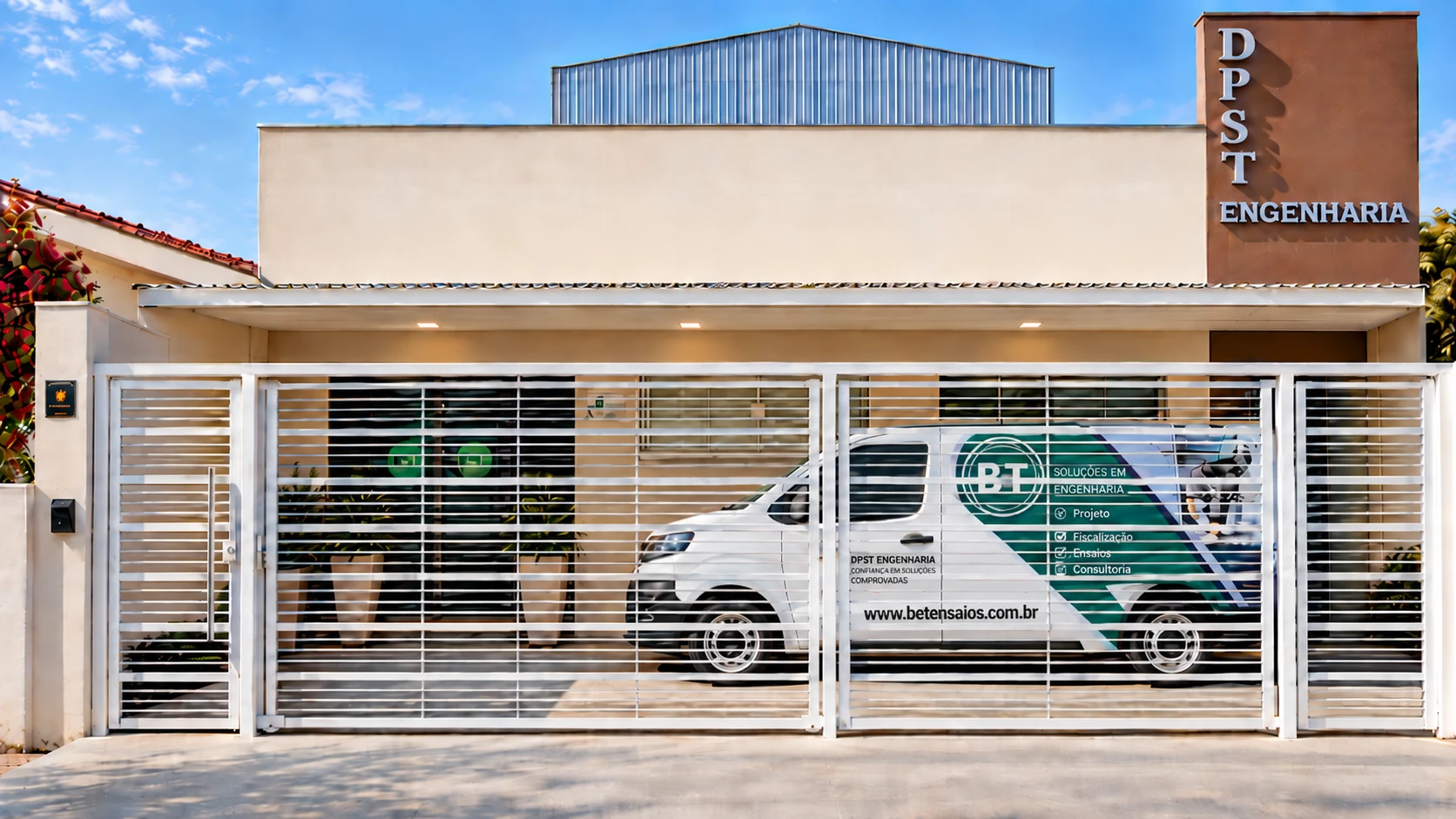 Fachada da DPST Engenharia em Agudos/SP com a van-laboratório B&T